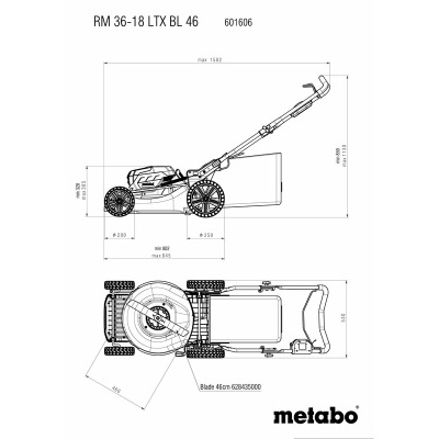 Desenho técnico de um corta-relvas Metabo em vista lateral e superior com medidas