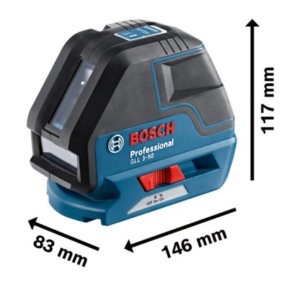 Nível a laser Bosch Professional GLL 2-50 azul e preto com dimensões indicadas.