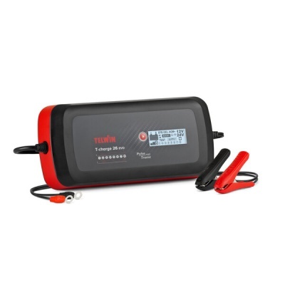 Carregador de bateria Telwin T-charge 26 evo preto e vermelho com cabos e ecrã digital