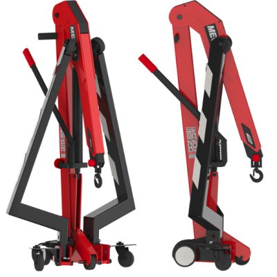 Dois guindastes hidráulicos móveis vermelhos e pretos com ganchos e alavancas, etiquetas 'ME' visíveis.