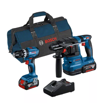 Conjunto de ferramentas Bosch com furadeira, martelo perfurador, bateria, carregador e mala