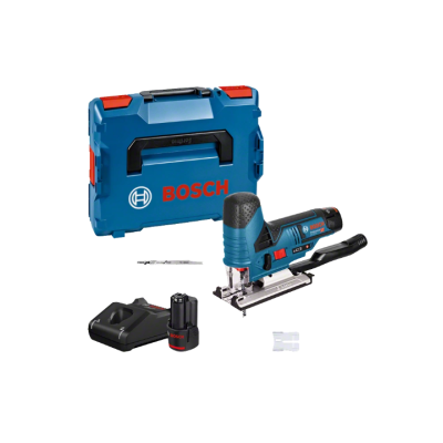 Conjunto Bosch com serra de recortes, estojo azul, bateria, carregador e acessórios