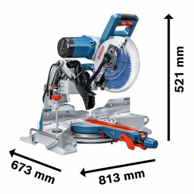 Maquina de serra de esquadria Bosch azul e cinza com medição das dimensões
