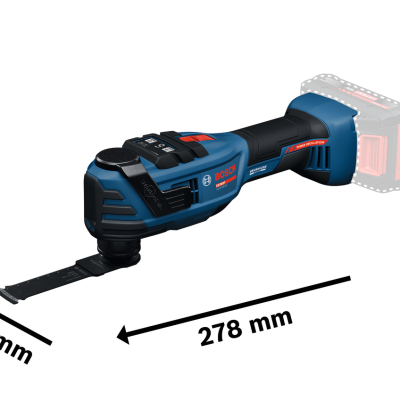Ferramenta elétrica multifunções azul e preta Bosch com medidas indicadas