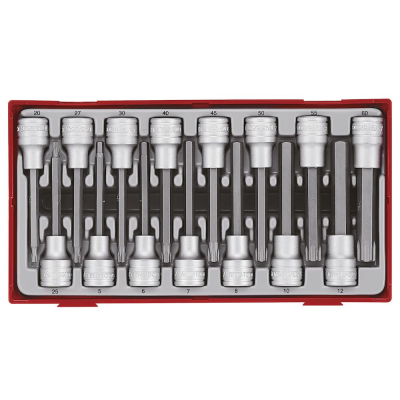 Conjunto de chaves de caixa Torx longo em aço prateado com tamanhos em estojo preto e vermelho