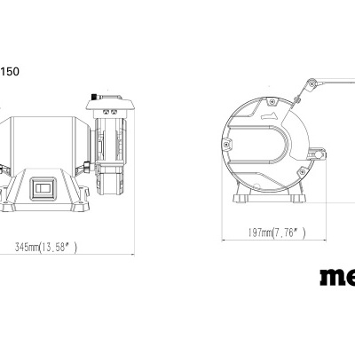 Diagrama técnico da ferramenta Metabo DS 150 M com dimensões
