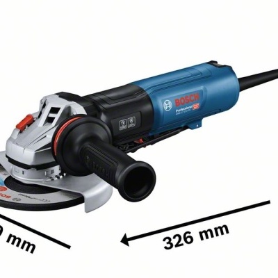 Esmeril angular Bosch Professional azul e preto com disco de corte e dimensões destacadas