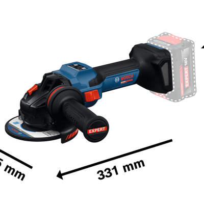 Máquina lixadora angular BOSCH azul, preta e vermelha com medidas e bateria destacada.