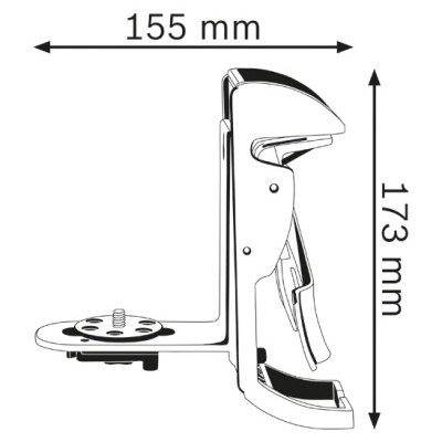 Dispositivo metálico com dimensões 155 mm x 173 mm em desenho técnico