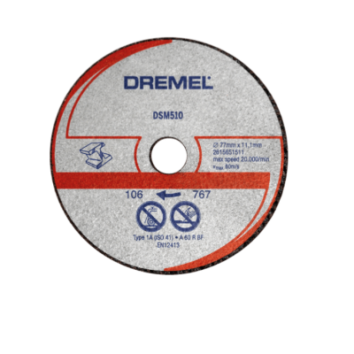 Disco de corte Dremel DSM510 cinzento e vermelho com texto e símbolos de segurança