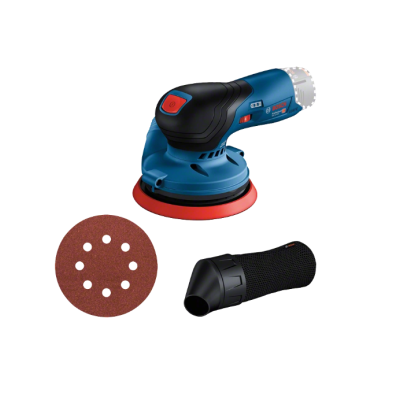 Lixadora elétrica azul e preta com disco vermelho e acessórios.