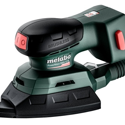 Lixadora elétrica Metabo verde e preta com detalhes vermelhos