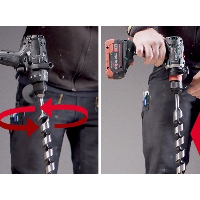 Furadeira preta com broca de escarear metálica e texto 'Anti-Kick-back'