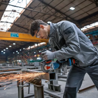Homem a cortar metal com rebarbadora elétrica num ambiente industrial