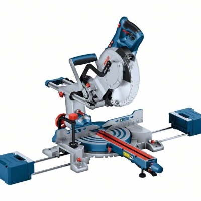 Serra de esquadria azul e cinza com lâmina circular e base giratória