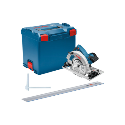 Conjunto de serra circular Bosch com estojo azul, régua metálica e esquadro branco