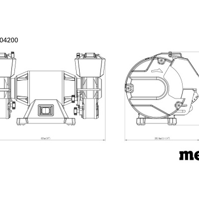 Desenho técnico da máquina Metabo DS 200 Plus 604200 com vistas frontal e lateral.