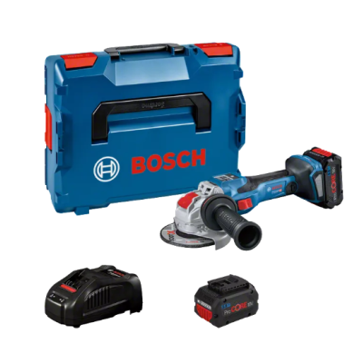 Conjunto de ferramenta Bosch com rebarbadora, baterias, carregador e caixa azul