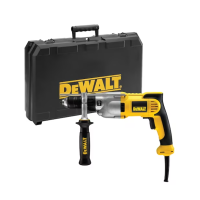 Furadeira elétrica DEWALT amarela e preta com mala de transporte preta