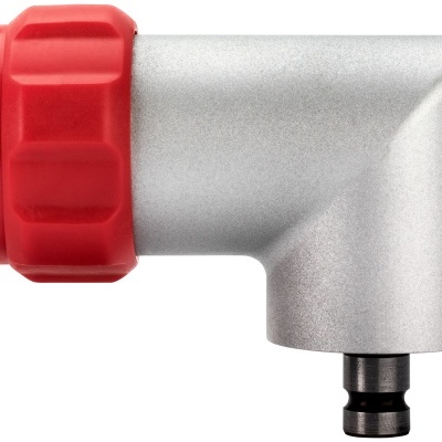 Conector em ângulo 90 graus metálico prateado com parte vermelha de plástico