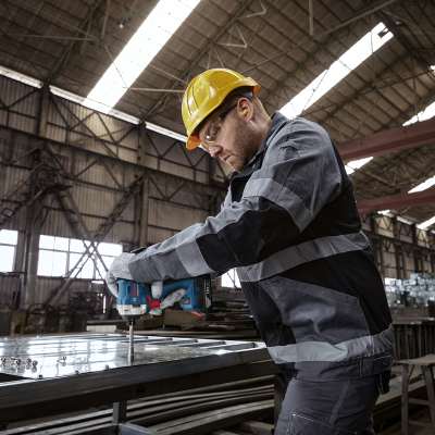 Homem a usar parafusadeira azul Bosch em chapa metálica numa fábrica