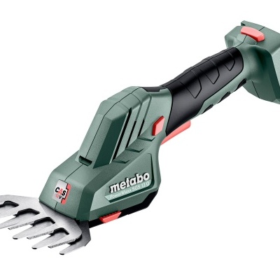 Tesoura elétrica de jardinagem verde Metabo com lâminas de metal e pega preta