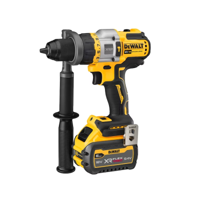 Parafusadora Dewalt amarela e preta com bateria e empunhadura extra