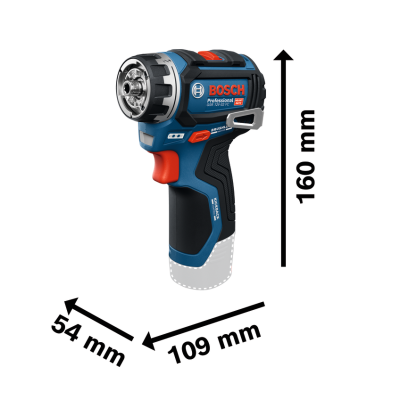 Parafusadora Bosch Professional azul e preta com detalhes vermelhos e dimensões