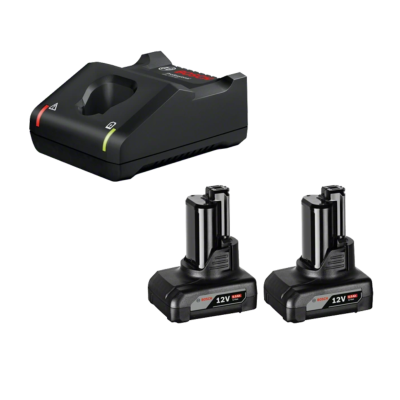 Carregador preto com duas baterias recarregáveis 12V LI-ION sobre fundo branco