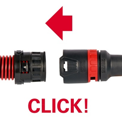 Conector rápido para mangueira de jardim preto e vermelho com texto CLICK