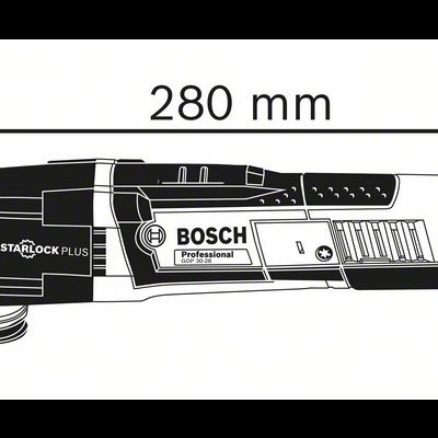 Ferramenta eléctrica BOSCH Professional em preto e branco com dimensões indicadas