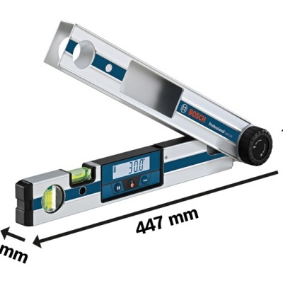 Nível digital Bosch Professional metálico prateado e azul com visor digital e bolhas de nível.
