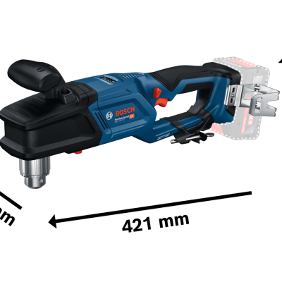 Ferramenta elétrica Bosch azul e preta com texto BOSCH Professional e dimensões 421 mm, 91 mm, 188 mm.