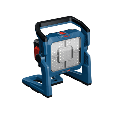 Projetor de luz LED portátil Bosch azul e preto com painel de LEDs e botões.