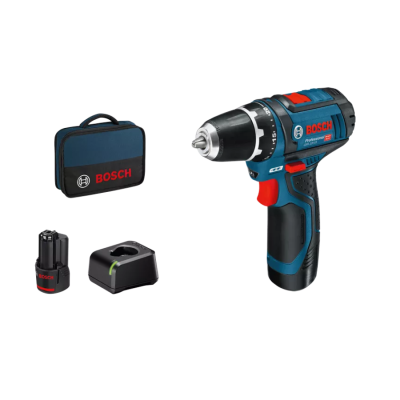 Parafusadeira sem fios Bosch com bateria, carregador e bolsa azul escura