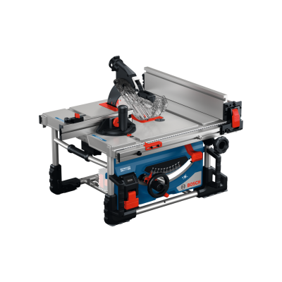 Serra de bancada Bosch azul e cinzenta com detalhes vermelhos e proteção na lâmina