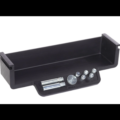 Organizador preto em plástico com parafusos e buchas metálicas prateadas.