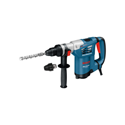 Martelo perfurador elétrico Bosch azul com detalhes pretos e vermelhos e broca prateada