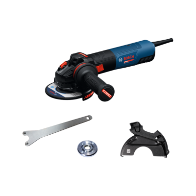 Esmerilhadora angular Bosch EXPERT com acessórios sobre fundo branco
