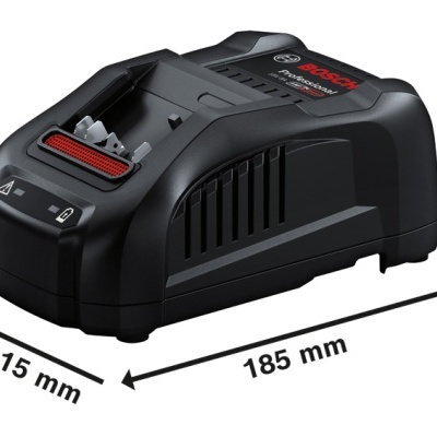 Carregador de bateria Bosch preto com texto e dimensões visíveis