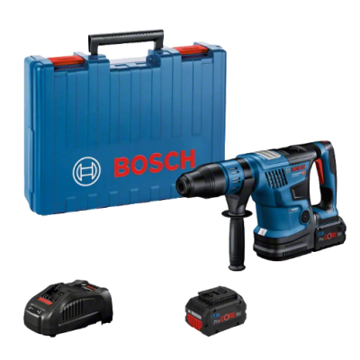 Conjunto Bosch com mala azul, ferramenta elétrica, bateria ProCORE e carregador.