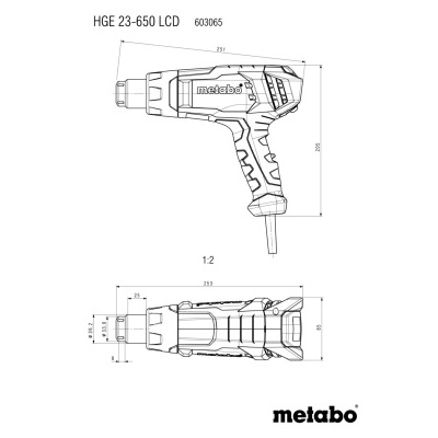 Desenho técnico de uma pistola de soldar Metabo HGE 23-650 LCD em preto e branco