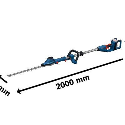 Tesoura para sebe elétrica azul Bosch com lâminas metálicas e medidas indicadas.