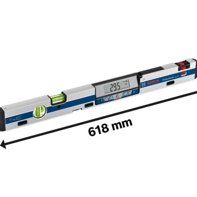 Nível digital Bosch em alumínio com visor electrónico, bolhas de nível verde e dimensões. 