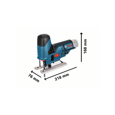 Serra de recortes Bosch azul e preto com dimensões indicadas sobre fundo branco