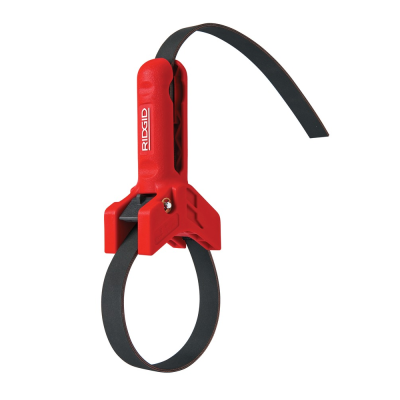 Aparelho de aperto vermelho com cinta preta e marca RIDGID