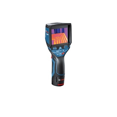 Câmera termográfica portátil preta e azul com ecrã a mostrar imagem térmica