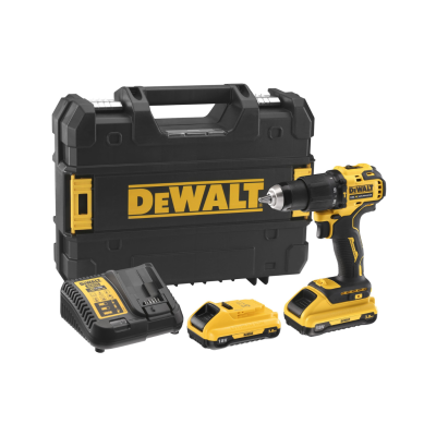 Conjunto DEWALT com mala preta e amarelo, furadeira, baterias e carregadores