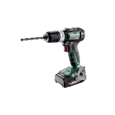Aparafusadora/perfuradora sem fios Metabo verde e preta com broca inscrita
