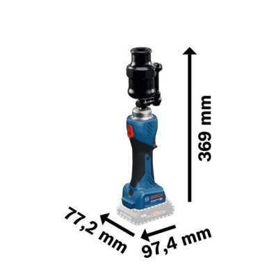 Máquina elétrica azul e preta com setas indicando suas dimensões